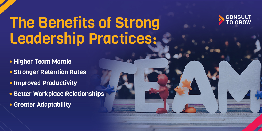 The Benefits of Strong Leadership Practices
Higher Team Morale
Stronger Retention Rates
Improved Productivity
Better Workplace Relationships
Greater Adaptability